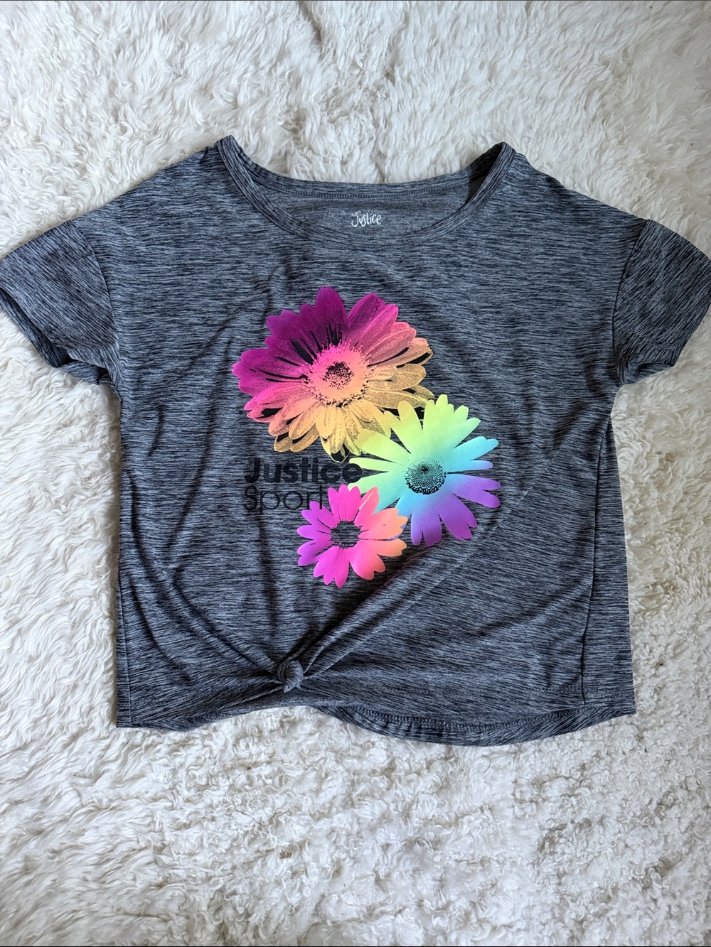 Justice Girls Gray Tee with Neon Multicolor Daisy Graphic Top 7/8